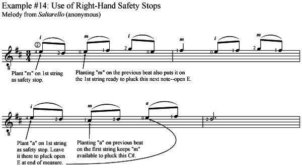classical guitar slur technique, example of right-hand safety stop
