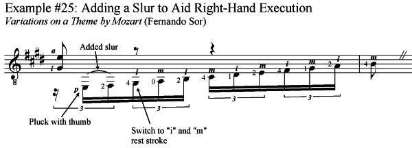 classical guitar slur technique, adding a slur to aid right-hand execution