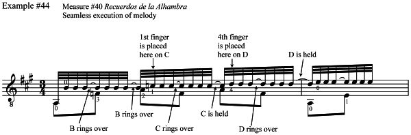Seamless execution of melody in Recuerdos, measure 40