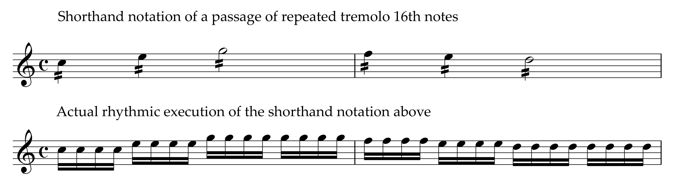 Foden's shorthand notation of 16th-note tremolo and then, how to play it (music example)