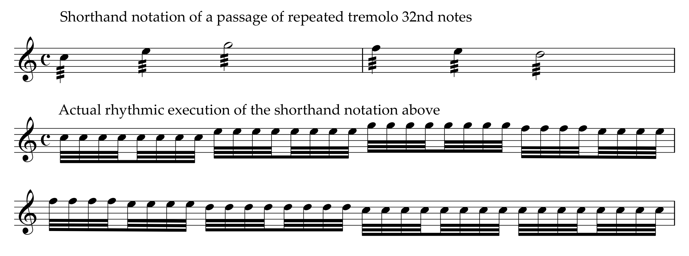 Foden's shorthand notation of 32nd-note tremolo and then, how to play it (music example)