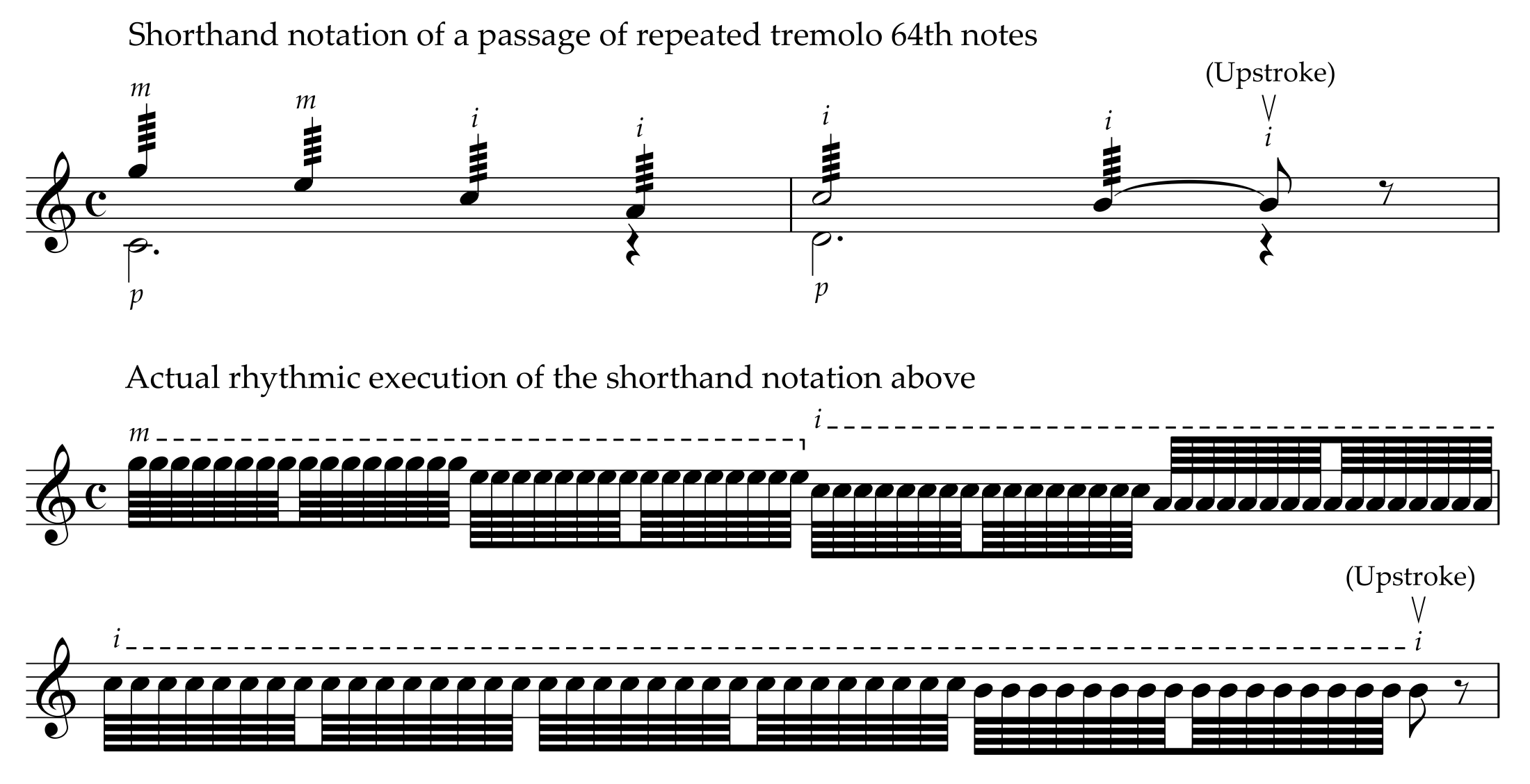 Foden's shorthand notation of 32nd-note tremolo and then, how to play it (music example)