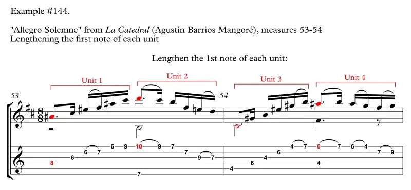 La Catedral, lengthening 1st note of each unit