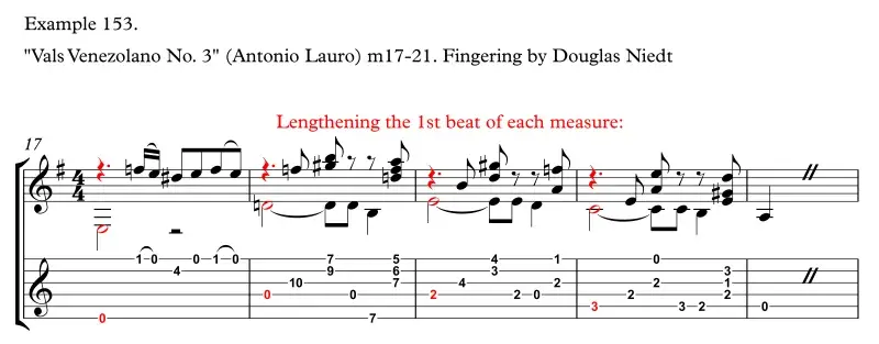 Vals Venezolano No. 3 by Antonio Lauro, lengthening 1st beat of each measure