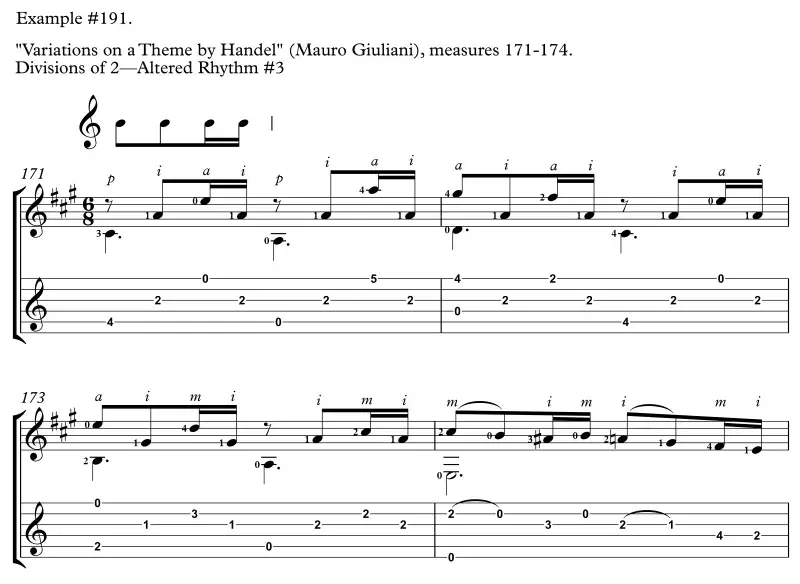 Variations on a Theme by Handel by Mauro Giuliani, measures 171-174, Altered Rhythm No. 3