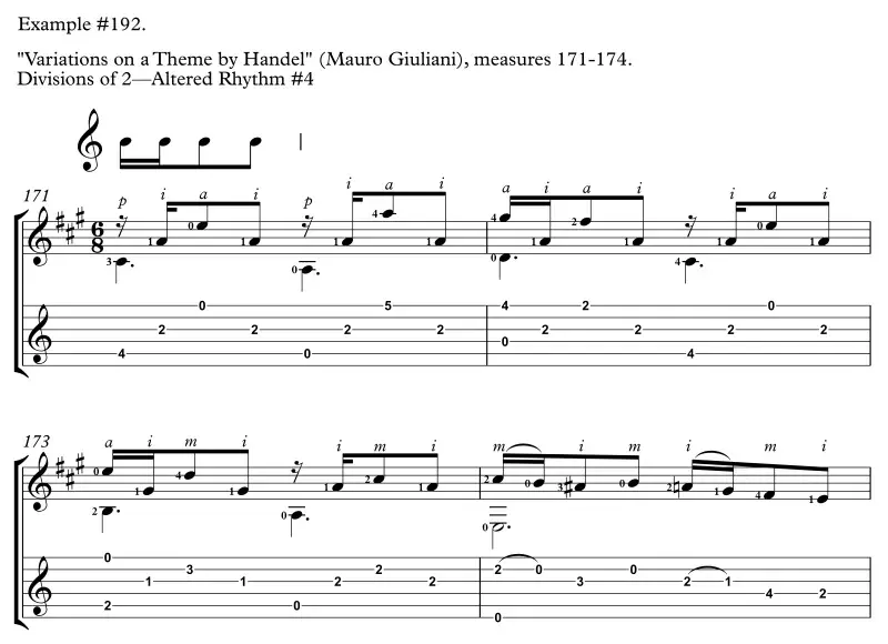 Variations on a Theme by Handel by Mauro Giuliani, measures 171-174, Altered Rhythm No. 4