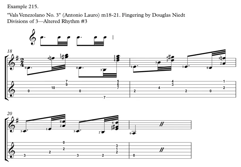 Vals Venezolano No. 3 by Antonio Lauro, measures 18-21, Altered Rhythm No. 3