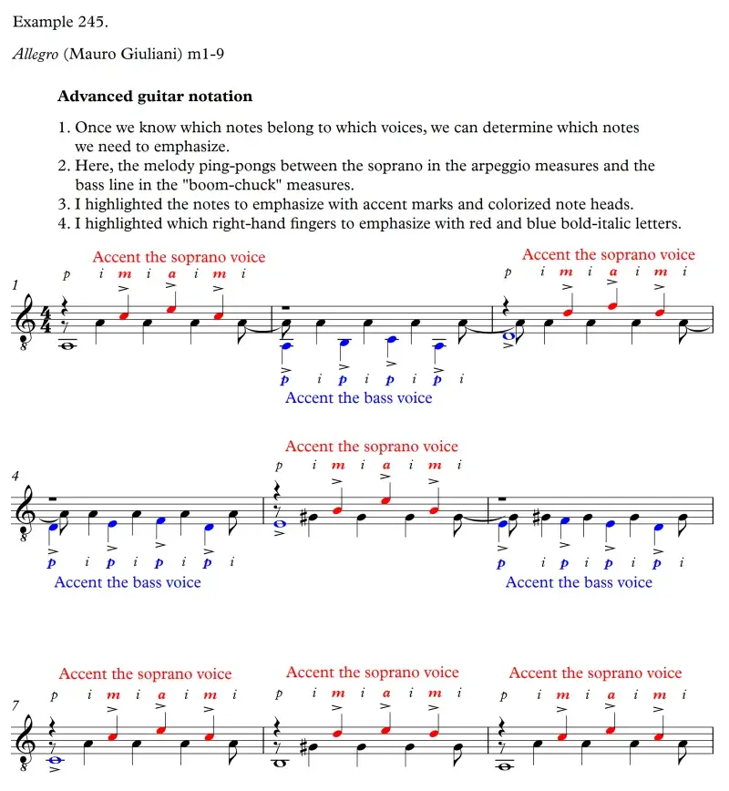 Allegro by Mauro Giuliani advanced notation showing how to accent voices