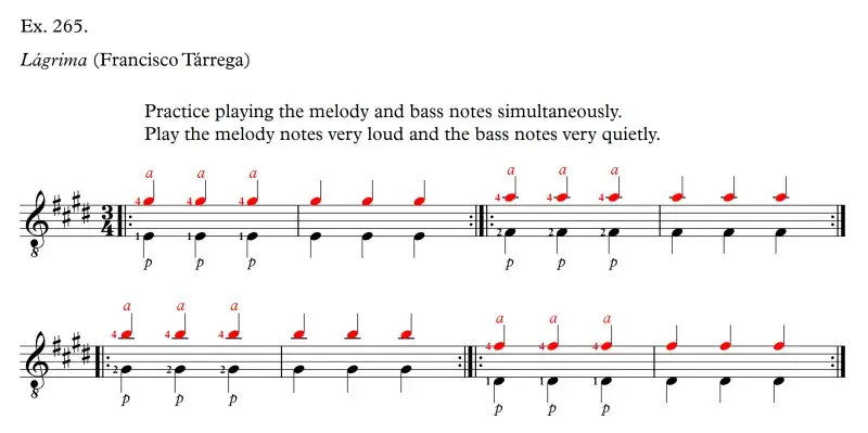 Lagrima by Francisco Tarrega, measure 1-4, intervals, melody loud and bass quiet