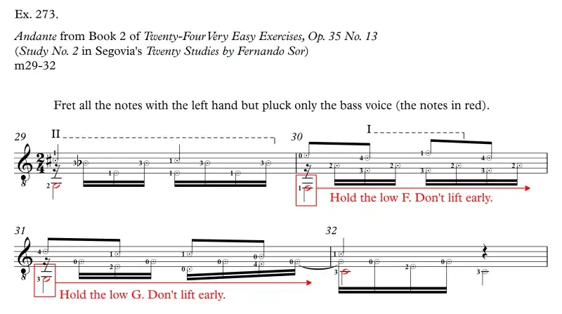 Sor Study No. 2, measures 29-32, fret all but pluck basses only