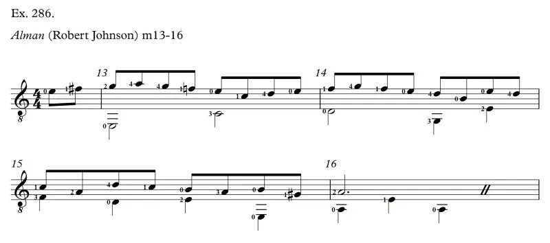 Alman by Robert Johnson, measures 13-17, both parts with conventional fingering