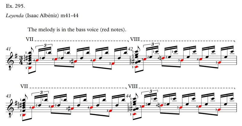 Leyenda, measures 41-44, melody in red