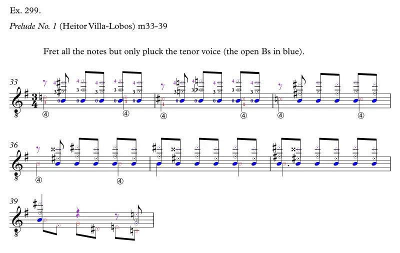 Villa-Lobos Prelude No. 1, measures 33-39, fret all but pluck only tenor open Bs