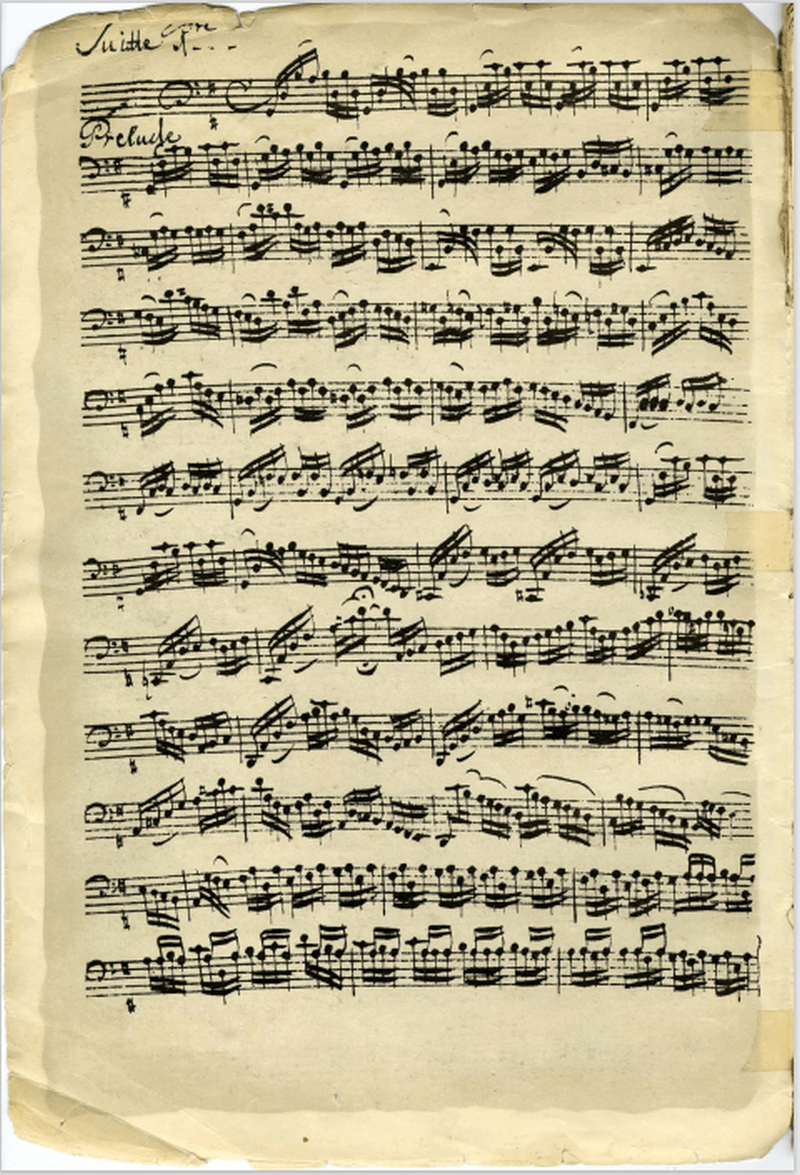 Prelude from Cello Suite No. 1, page 1, by J.S. Bach autograph manuscript