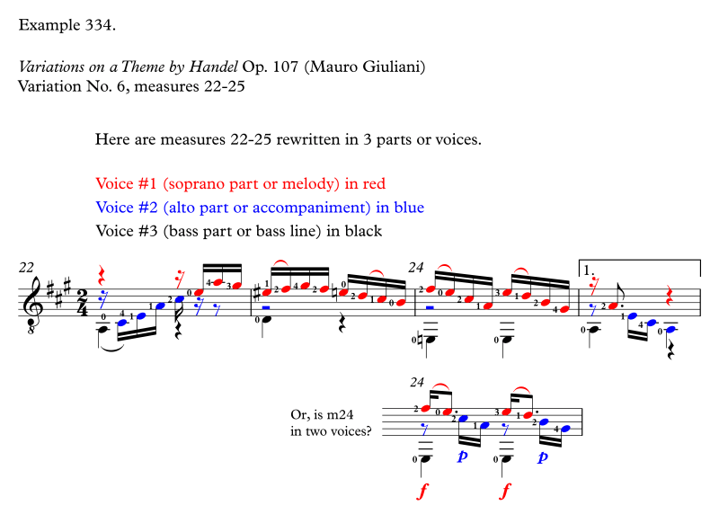 Variations on a Theme by Handel, Op. 107 by Mauro Giuliani, measures 23-25, notated and color-coded in three voices