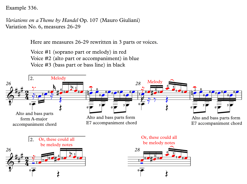 Variations on a Theme by Handel, Op. 107 by Mauro Giuliani, measures 26-29, notated in three voices with two options