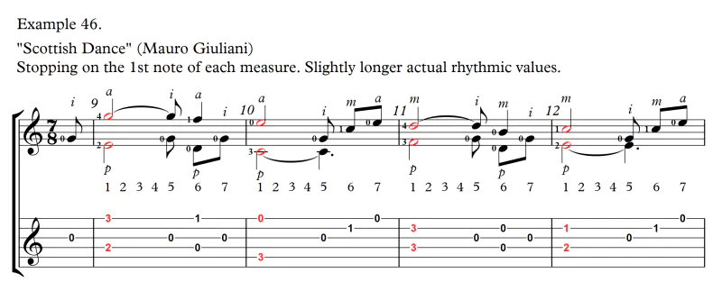 Scottish Dance by Mauro Giuliani measures 9-12 written in 7/8 meter