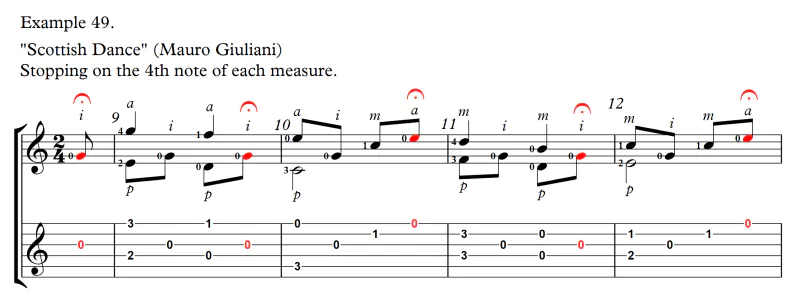 Scottish Dance by Mauro Giuliani measures 9-12 stopping on 4th note of each measure