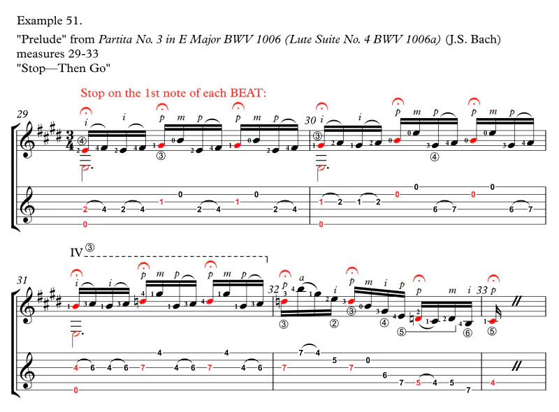 Prelude from Lute Suite IV measures 29-33 stopping on the 1st note of each beat