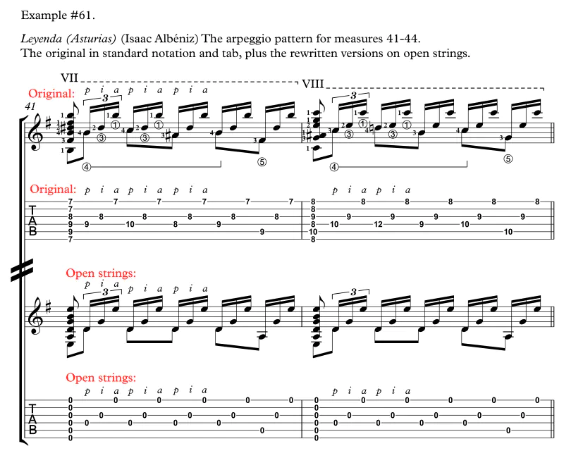 Leyenda m41-42 original plus rewrite standard notation and tablature on open strings