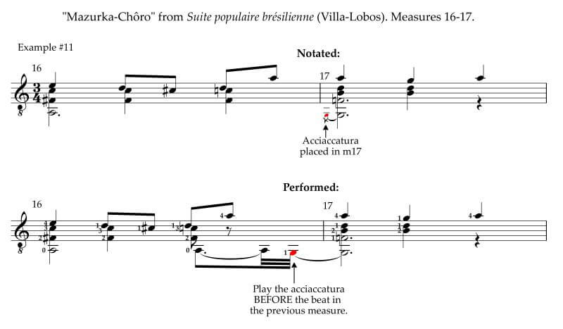 Guitarists playing five-note chords with bass note as acciaccatura