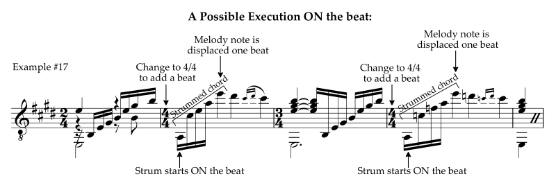 Villa-lobos Prelude No. 1 starting strum on the beat to delay melody note