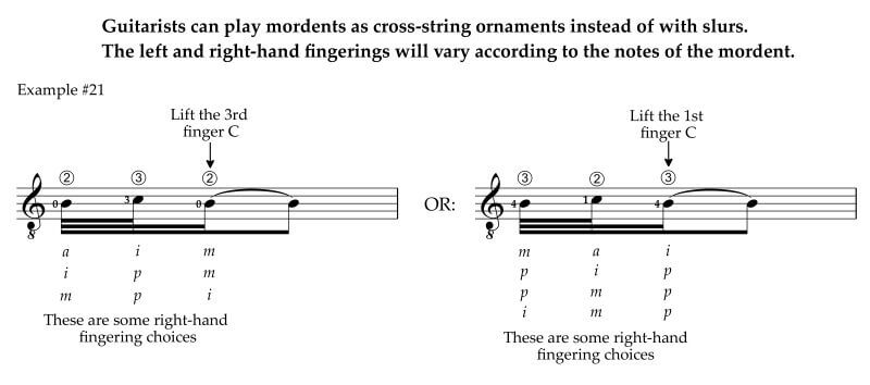 How guitarists execute mordents with cross-string fingerings