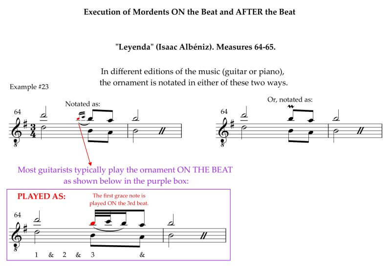 Instrumentalists begin playing first two notes of mordent before the beat