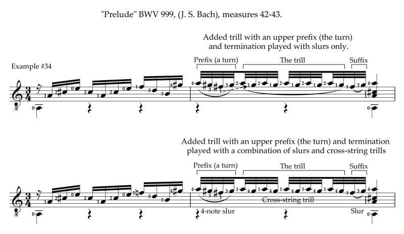 How to use the trill with upper prefixand termination in Bach's Prelude in D minor BMV 999