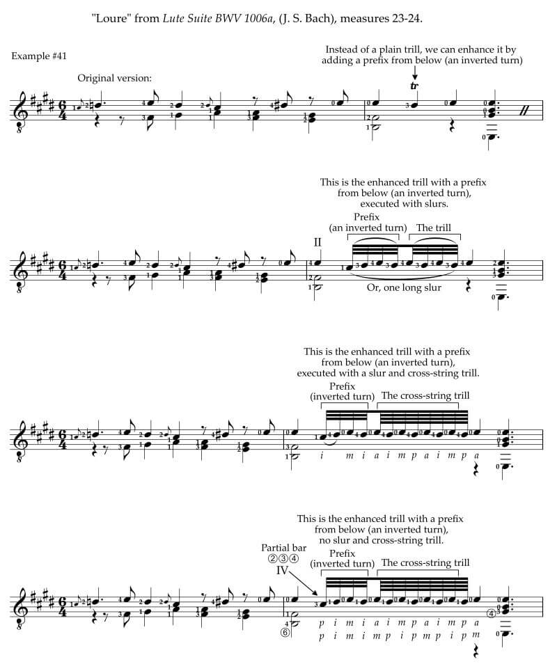How to use the trill with a lower prefix in Bach's Loure from Lute Suite BWV 1006a