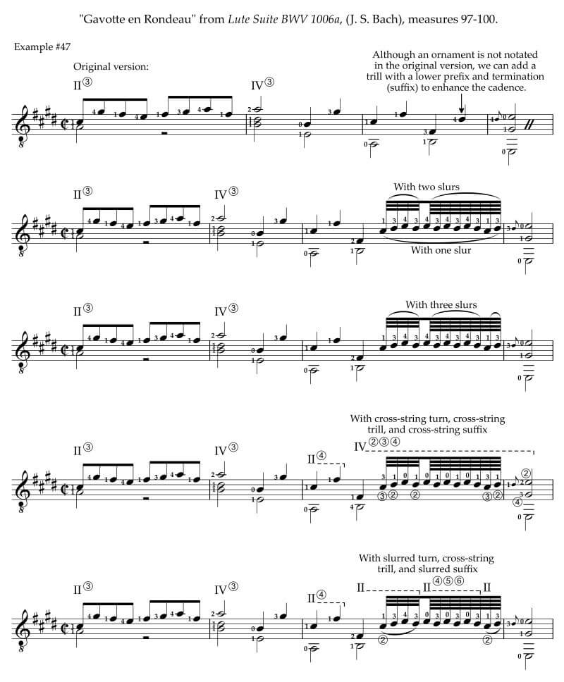 How to use the trill with lower prefix and termination in Bach's Gavotte en Rondeau BWV 1006a