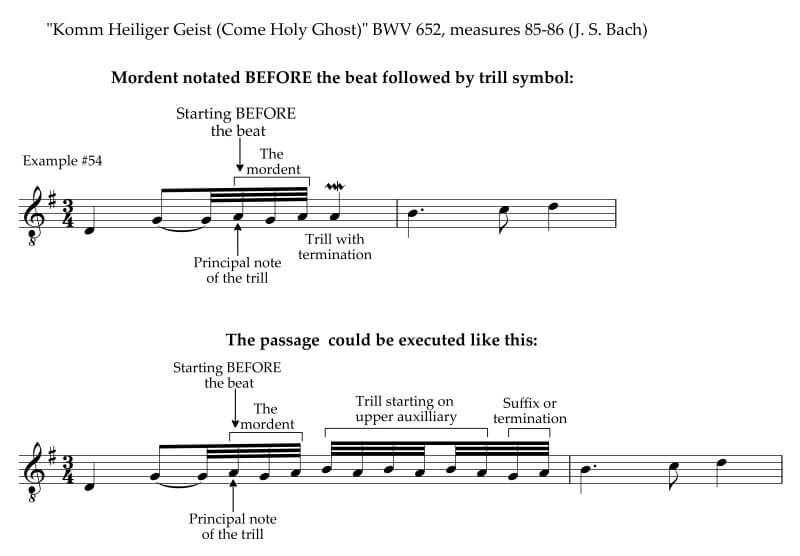Mordent trill as notated in J.S. Bach's Komm Heiliger Geist (Come Holy Ghost) BWV 652, measures 85-86