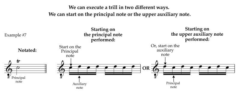 Trills can start on the principal note or the auxiliary note