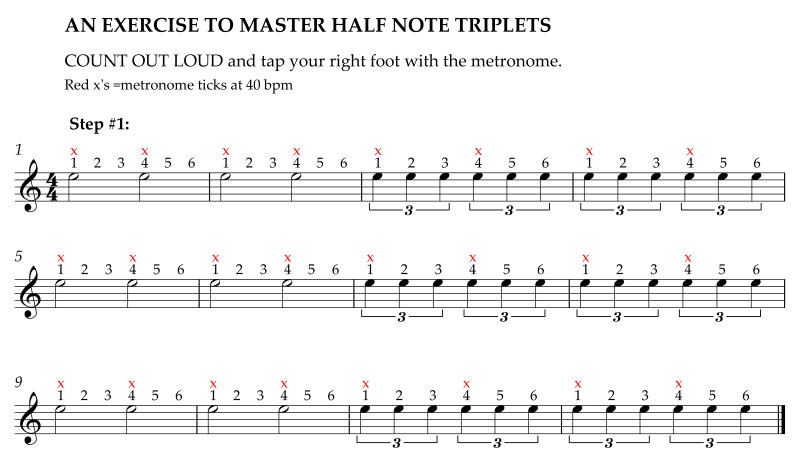 Five-step exercise to master half note triplets, part A