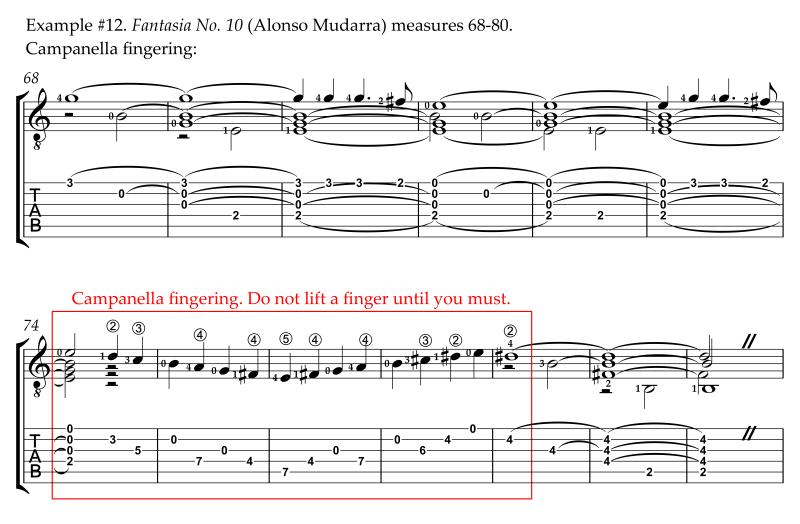 Campanella fingering, Fantasia No. 10 by Alonso Mudarra, m68-80 campanella fingering