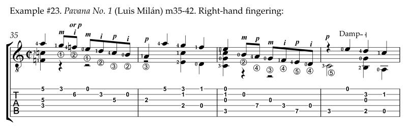 Campanella fingering, Pavana No. 1 by Luis Milan right-hand fingering options
