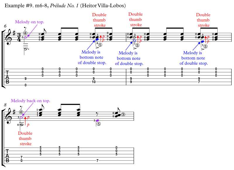 Prelude #1 (Heitor Villa-Lobos) melody on bottom of double stop, double thumb stroke