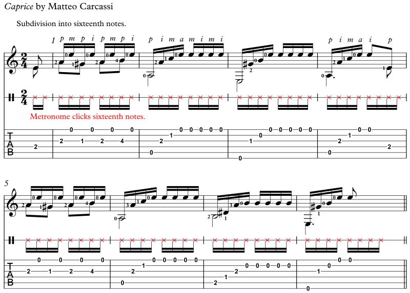 Carcassi Caprice subdivided in sixteenth notes