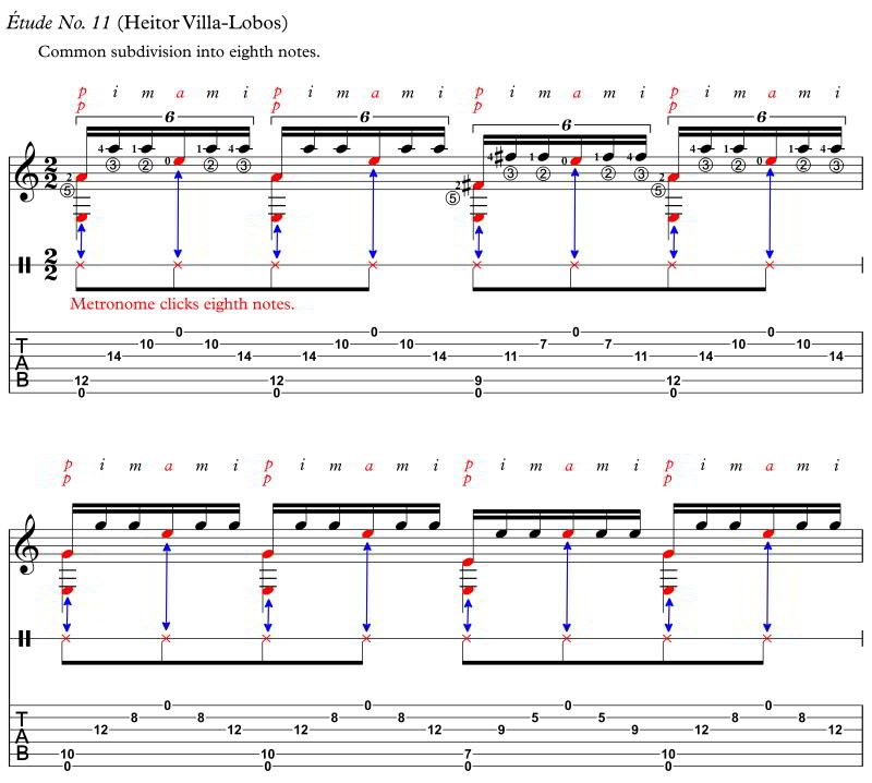 Etude No. 11 by Heitor Villa-Lobos subdivide eighth notes