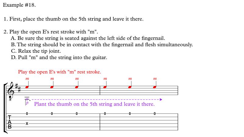Exercise plant thumb on 5th string and play 1st string rest stroke