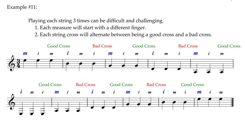 Example #11 String crossings and string crosses and string changes using finger alternaton playing in threes